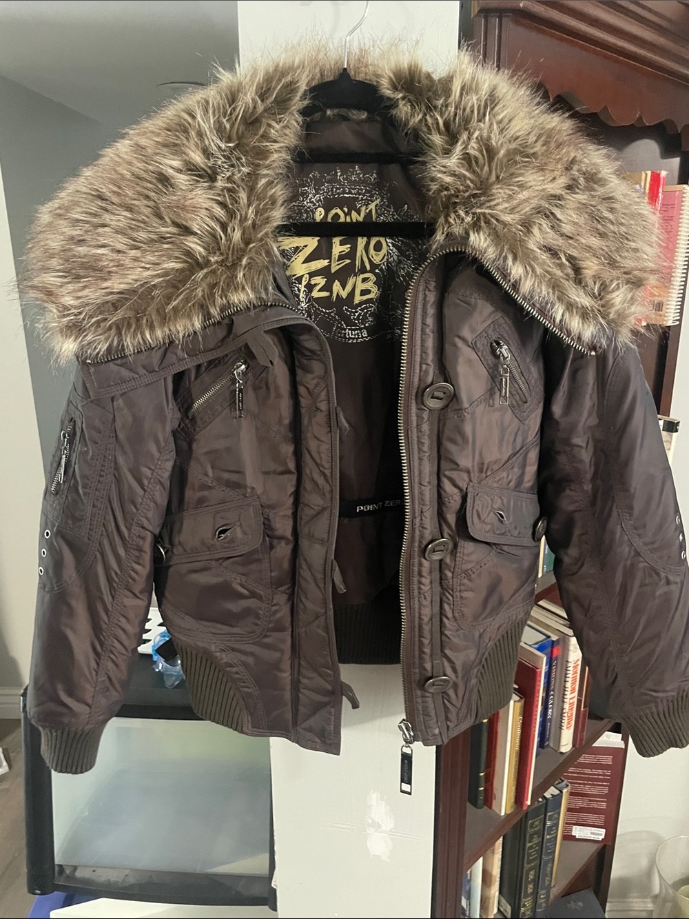 Point Zero Women's Brown Puffer Jacket with Faux Fur Trim